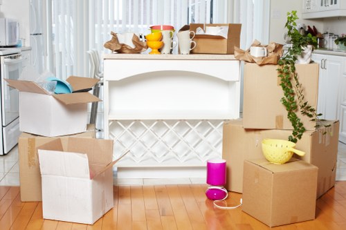 Professional movers carrying items from a Roehampton property